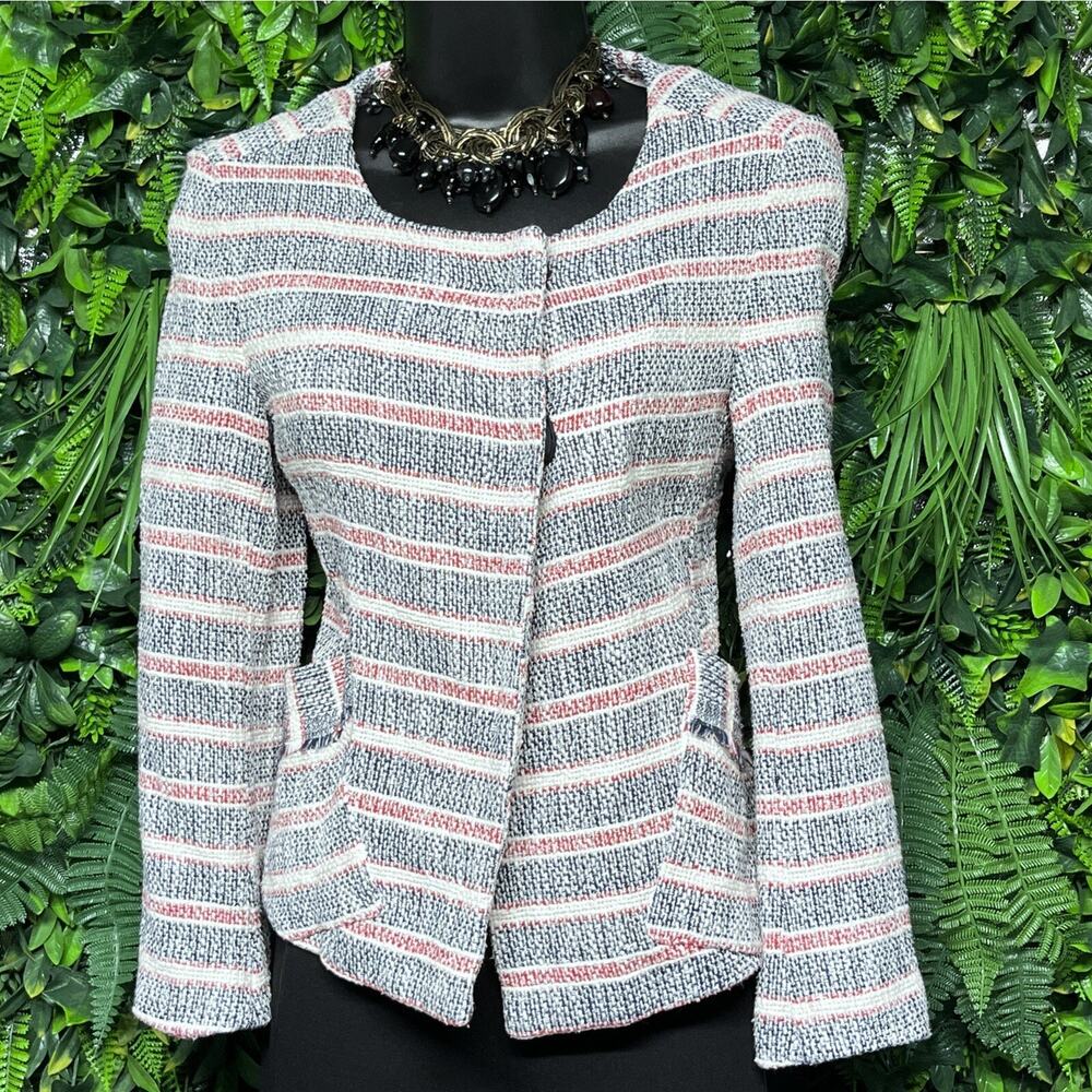ZARA Jacket Women Medium Crem Red Blue Long Sleeve Tweed Blazer‎ Lined 2693